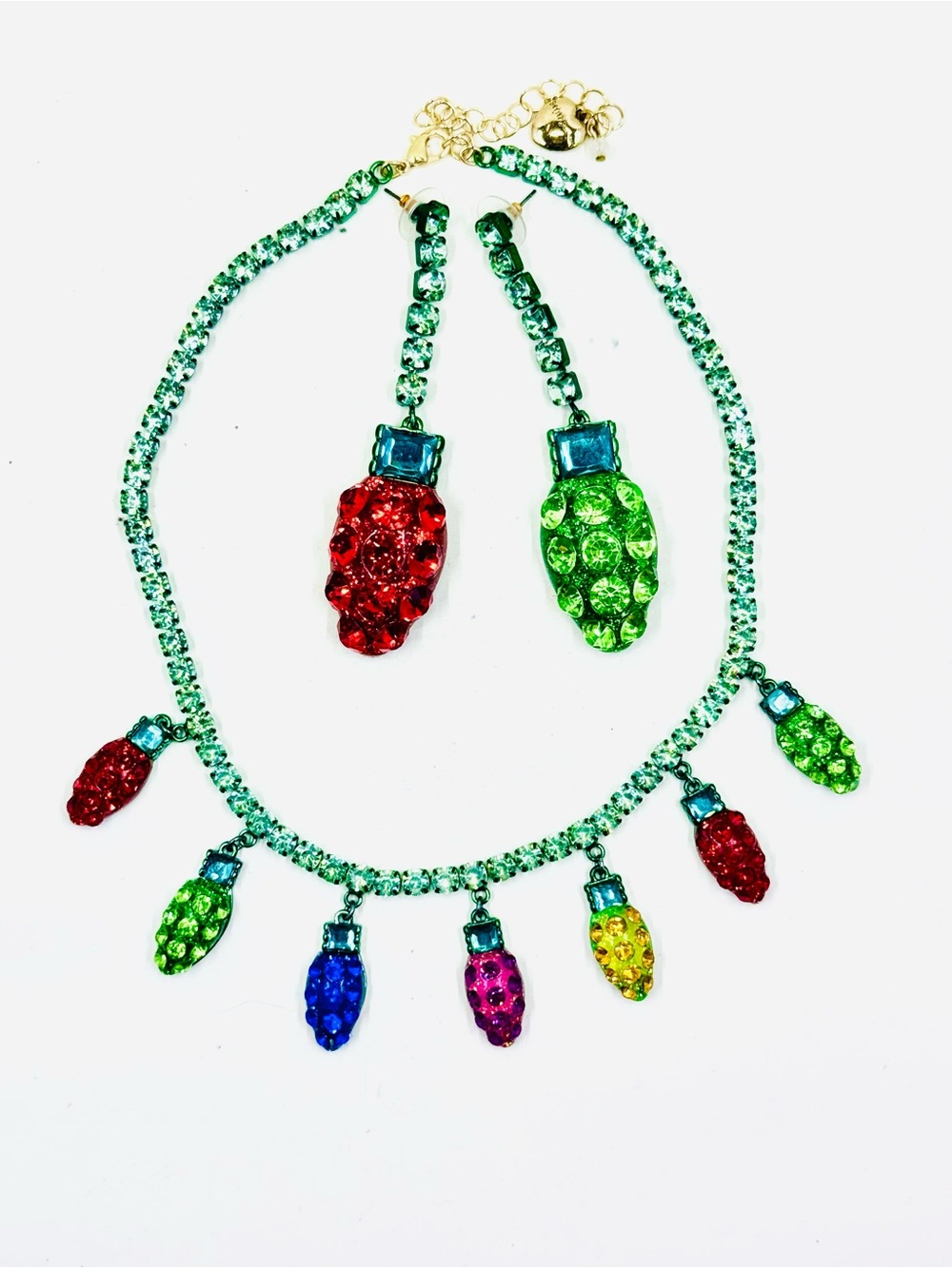 Betsey Johnson Vintage Multicolor Rhinestone Christmas Lights Necklace Earrings